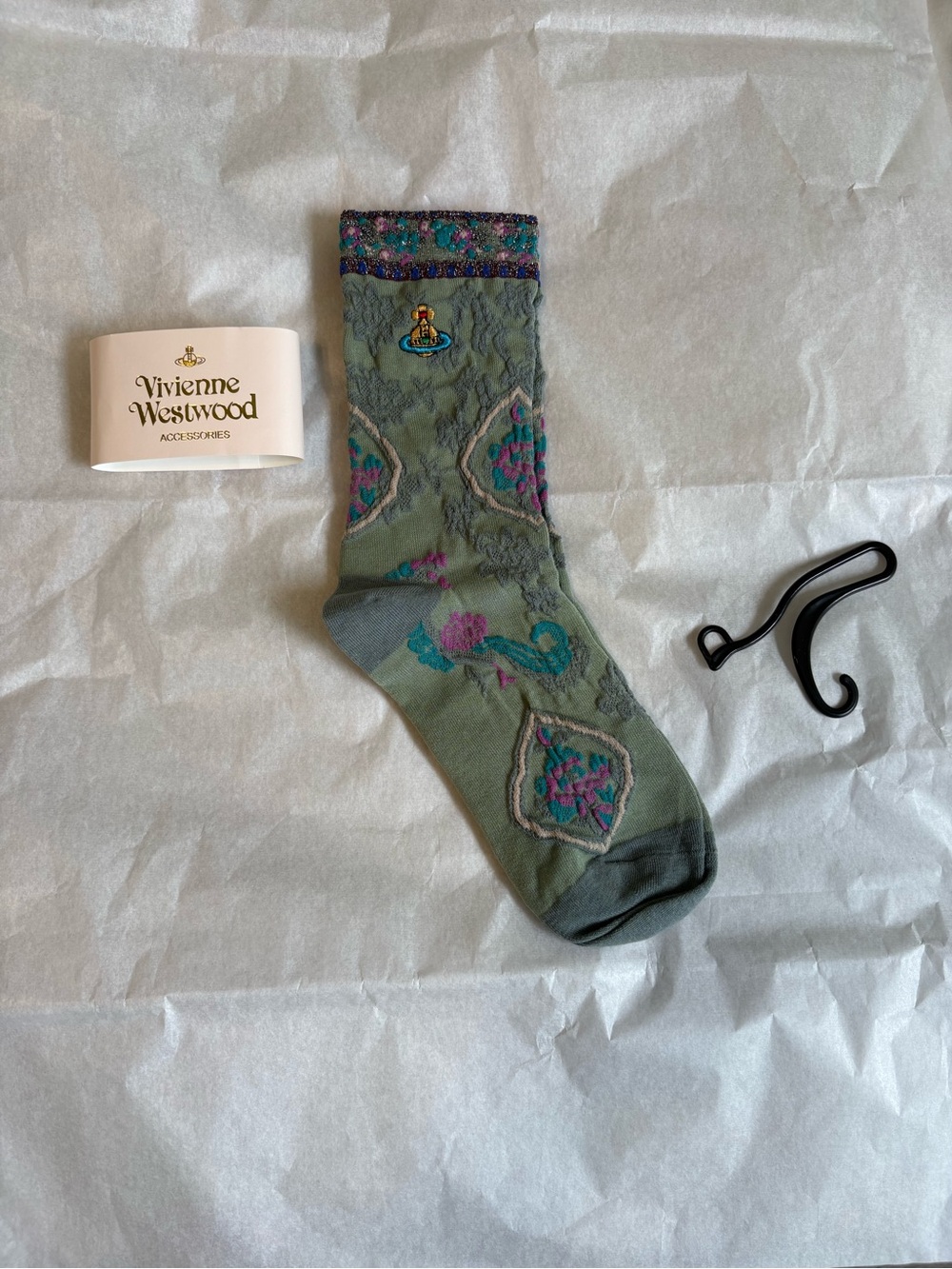 Vivienne Westwood Olive Green Patterned Crew Socks with Teal & Purple Accents